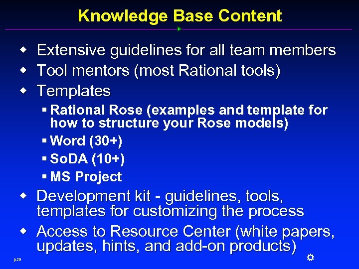 Knowledge Base Content w w w Extensive guidelines for all team members Tool mentors