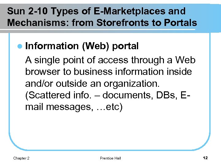 Sun 2 -10 Types of E-Marketplaces and Mechanisms: from Storefronts to Portals l Information