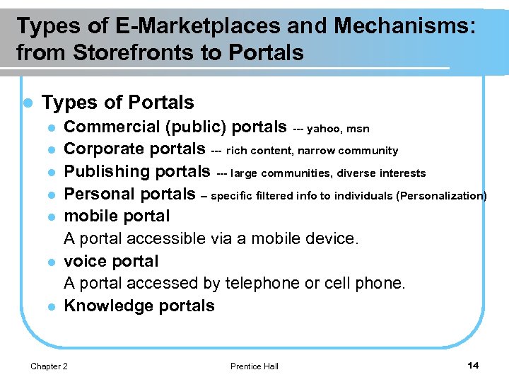 Types of E-Marketplaces and Mechanisms: from Storefronts to Portals l Types of Portals l