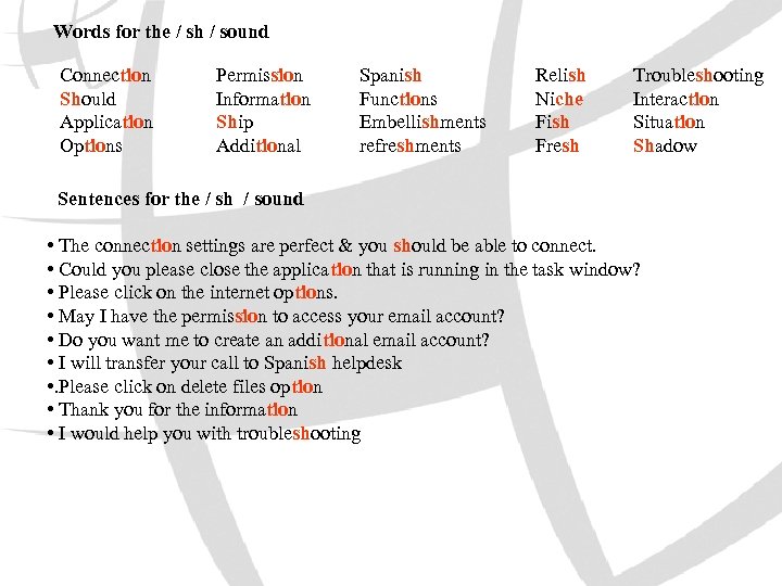 Words for the / sh / sound Connection Should Application Options Permission Information Ship