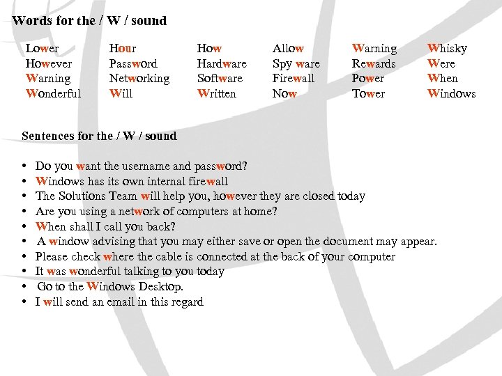 Words for the / W / sound Lower However Warning Wonderful Hour Password Networking