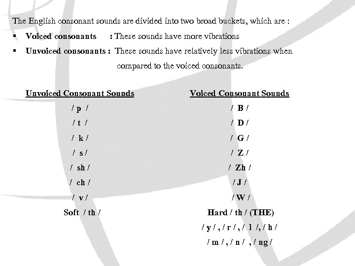 The English consonant sounds are divided into two broad buckets, which are : §