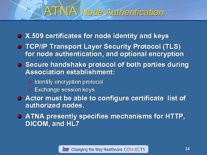 ATNA Node Authentication X. 509 certificates for node identity and keys TCP/IP Transport Layer