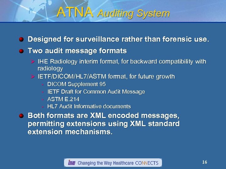 ATNA Auditing System Designed for surveillance rather than forensic use. Two audit message formats