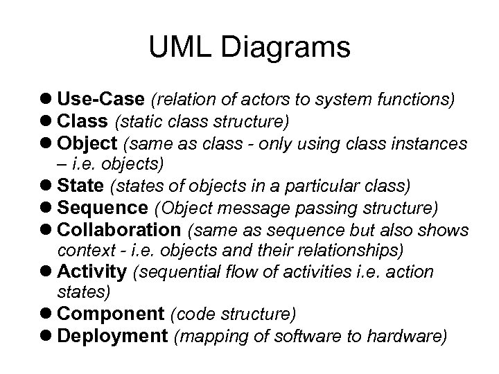 UML Diagrams Use-Case (relation of actors to system functions) Class (static class structure) Object