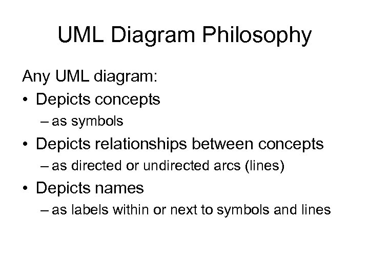 UML Diagram Philosophy Any UML diagram: • Depicts concepts – as symbols • Depicts