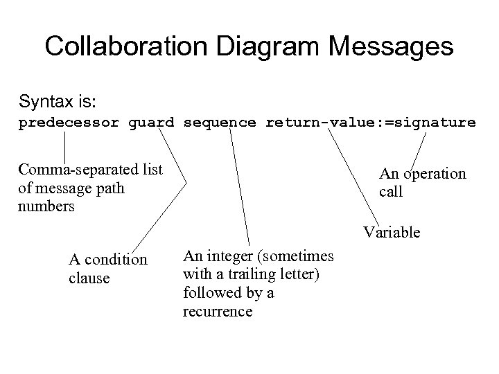 Collaboration Diagram Messages Syntax is: predecessor guard sequence return-value: =signature Comma-separated list of message