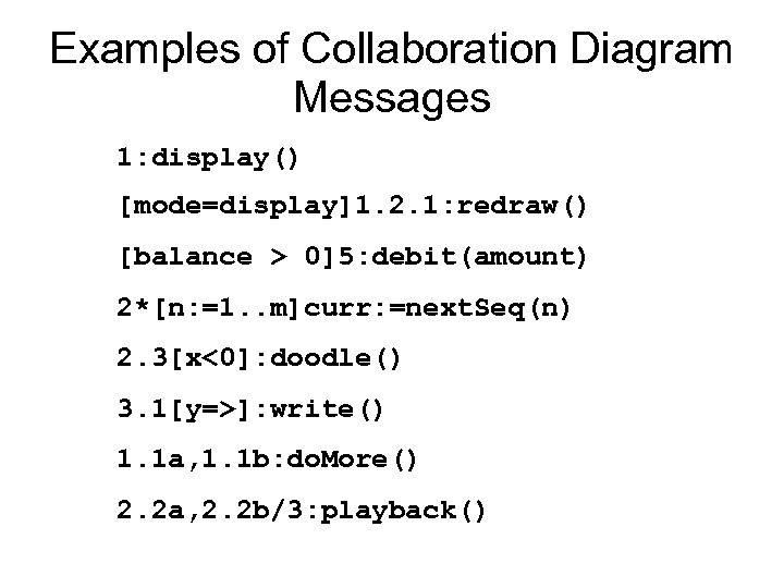 Examples of Collaboration Diagram Messages 1: display() [mode=display]1. 2. 1: redraw() [balance > 0]5: