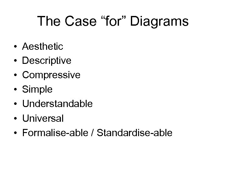 The Case “for” Diagrams • • Aesthetic Descriptive Compressive Simple Understandable Universal Formalise-able /