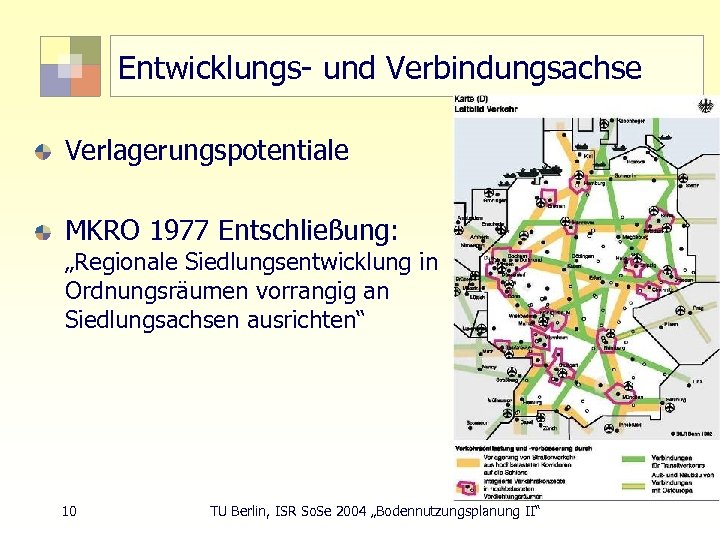 Entwicklungs- und Verbindungsachse Verlagerungspotentiale MKRO 1977 Entschließung: „Regionale Siedlungsentwicklung in Ordnungsräumen vorrangig an Siedlungsachsen