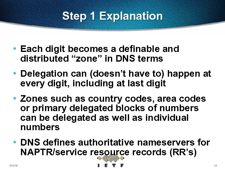 Step 1 Explanation • Each digit becomes a definable and distributed “zone” in DNS