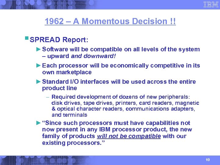 1962 – A Momentous Decision !! § SPREAD Report: ► Software will be compatible