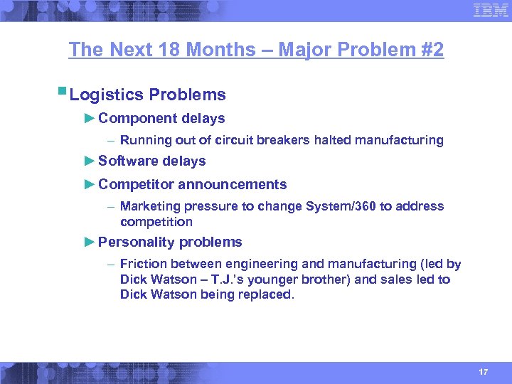 The Next 18 Months – Major Problem #2 § Logistics Problems ► Component delays