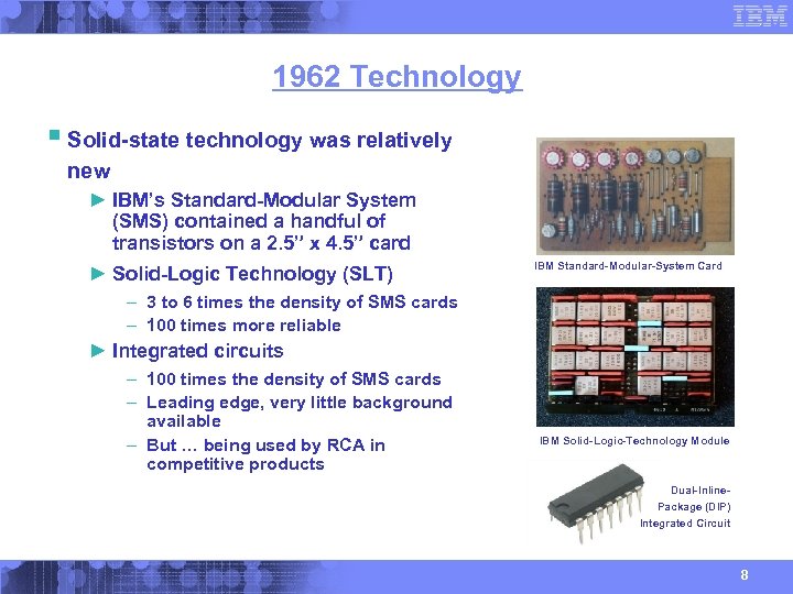 1962 Technology § Solid-state technology was relatively new ► IBM’s Standard-Modular System (SMS) contained