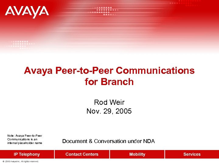 Avaya Peer-to-Peer Communications for Branch Rod Weir Nov. 29, 2005 Note: Avaya Peer-to-Peer Communications
