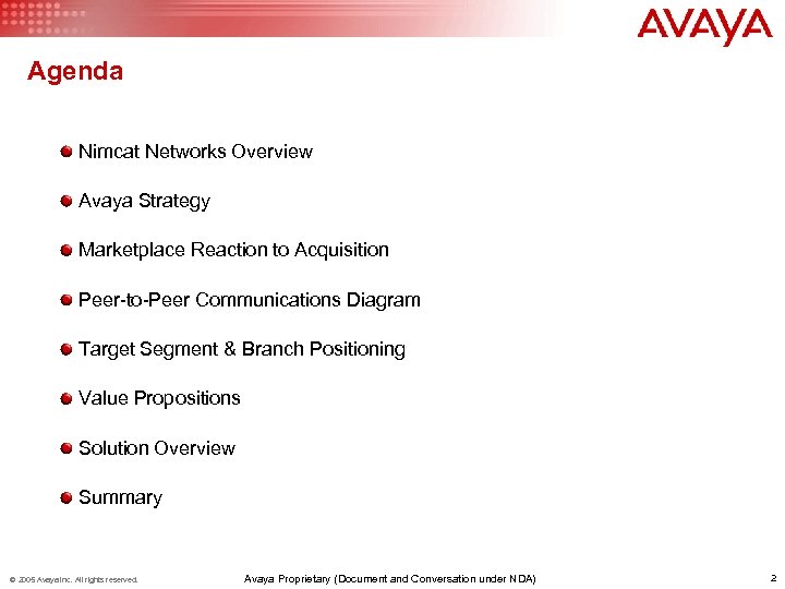 Agenda Nimcat Networks Overview Avaya Strategy Marketplace Reaction to Acquisition Peer-to-Peer Communications Diagram Target