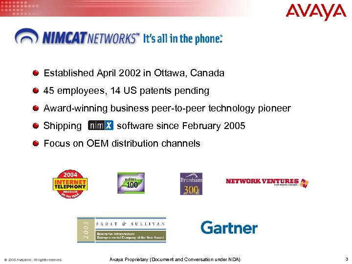 Established April 2002 in Ottawa, Canada 45 employees, 14 US patents pending Award-winning business