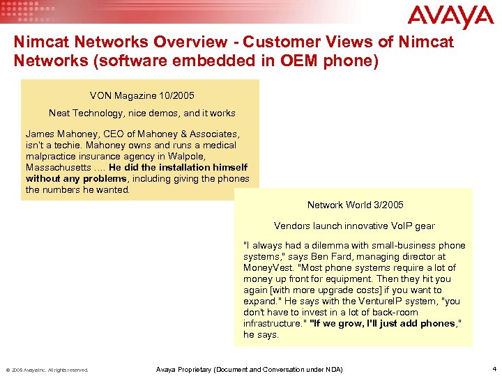 Nimcat Networks Overview - Customer Views of Nimcat Networks (software embedded in OEM phone)