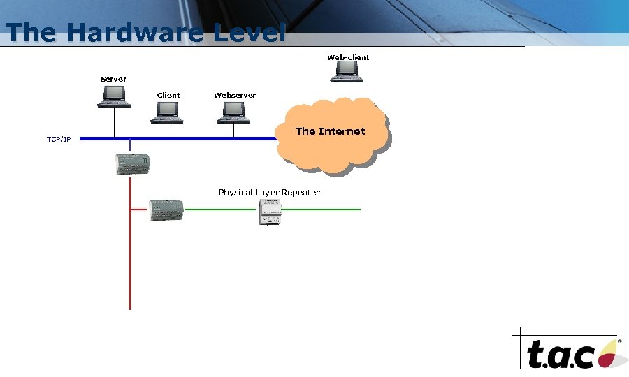 The Hardware Level Web-client Server Client TCP/IP Webserver The Internet Physical Layer Repeater 