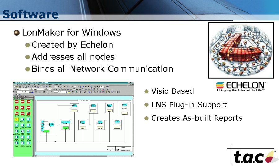 Software Lon. Maker for Windows Created by Echelon Addresses all nodes Binds all Network