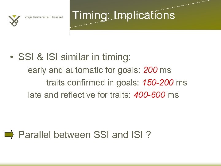 Timing: Implications • SSI & ISI similar in timing: early and automatic for goals: