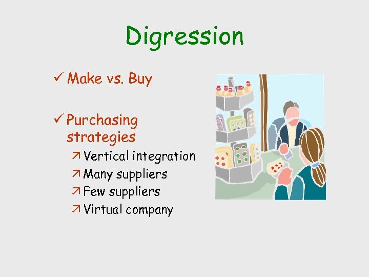 Digression ü Make vs. Buy ü Purchasing strategies ä Vertical integration ä Many suppliers