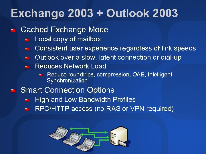 Exchange 2003 + Outlook 2003 Cached Exchange Mode Local copy of mailbox Consistent user