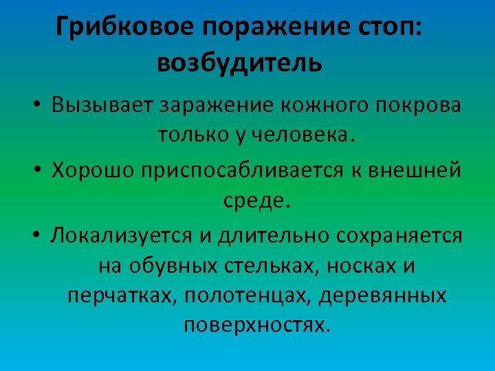 Грибковое поражение стоп: возбудитель • Вызывает заражение кожного покрова только у человека. • Хорошо
