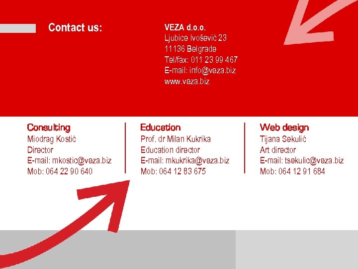 Contact us: VEZA d. o. o. Ljubice Ivošević 23 11136 Belgrade Tel/fax: 011 23