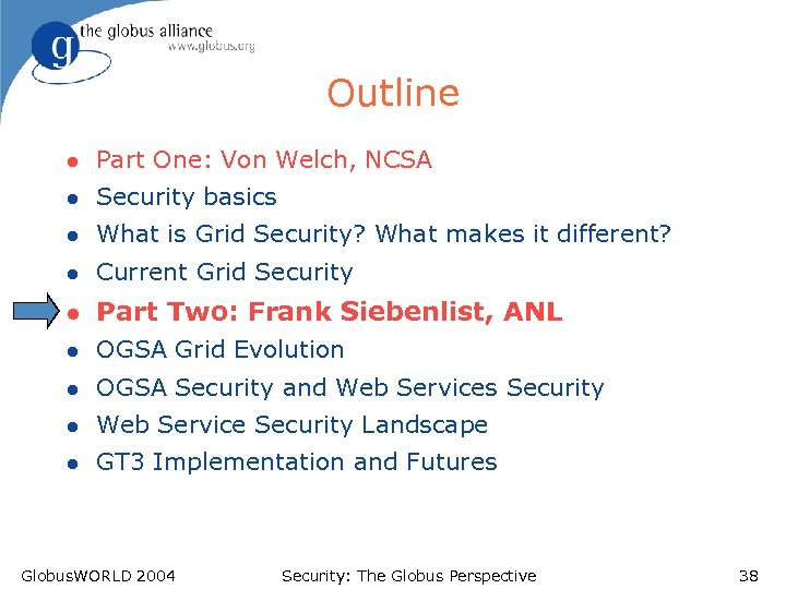 Outline l Part One: Von Welch, NCSA l Security basics l What is Grid