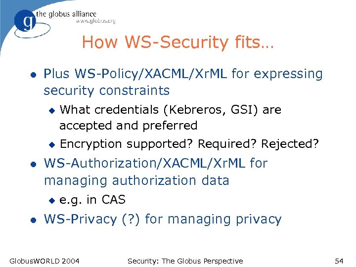 How WS-Security fits… l Plus WS-Policy/XACML/Xr. ML for expressing security constraints u u l