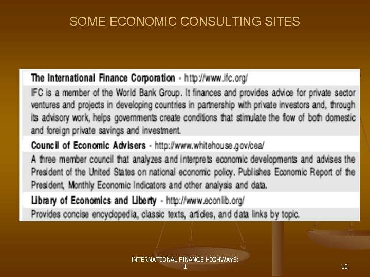 SOME ECONOMIC CONSULTING SITES INTERNATIONAL FINANCE HIGHWAYS: 1 10 