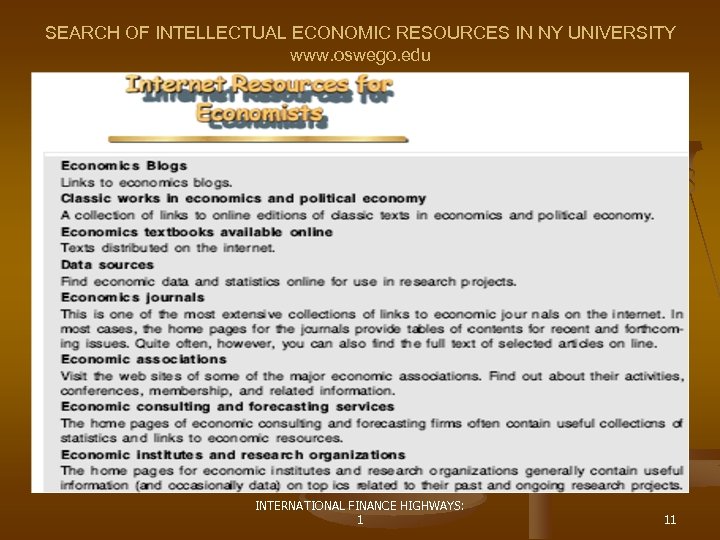 SEARCH OF INTELLECTUAL ECONOMIC RESOURCES IN NY UNIVERSITY www. oswego. edu INTERNATIONAL FINANCE HIGHWAYS: