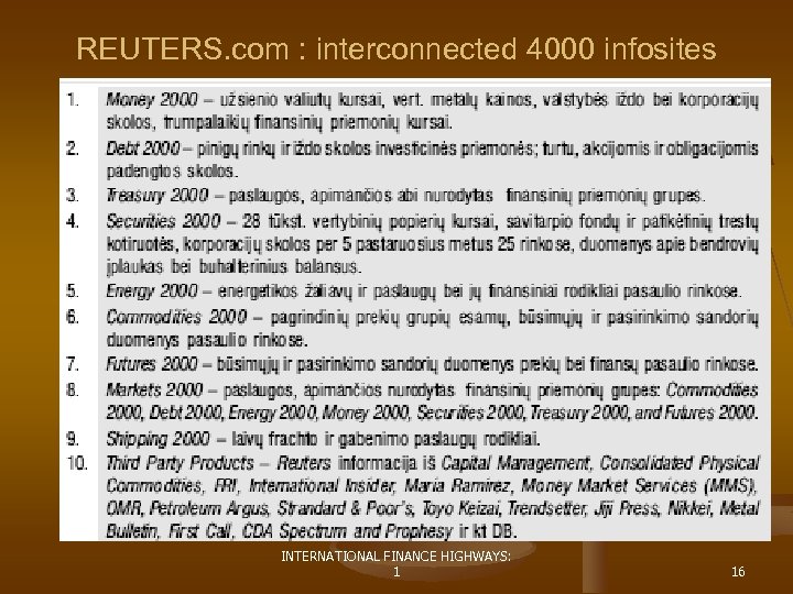 REUTERS. com : interconnected 4000 infosites INTERNATIONAL FINANCE HIGHWAYS: 1 16 