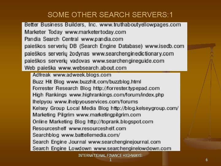 SOME OTHER SEARCH SERVERS: 1 INTERNATIONAL FINANCE HIGHWAYS: 1 6 
