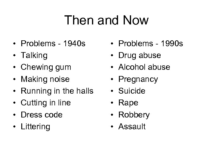Then and Now • • Problems - 1940 s Talking Chewing gum Making noise