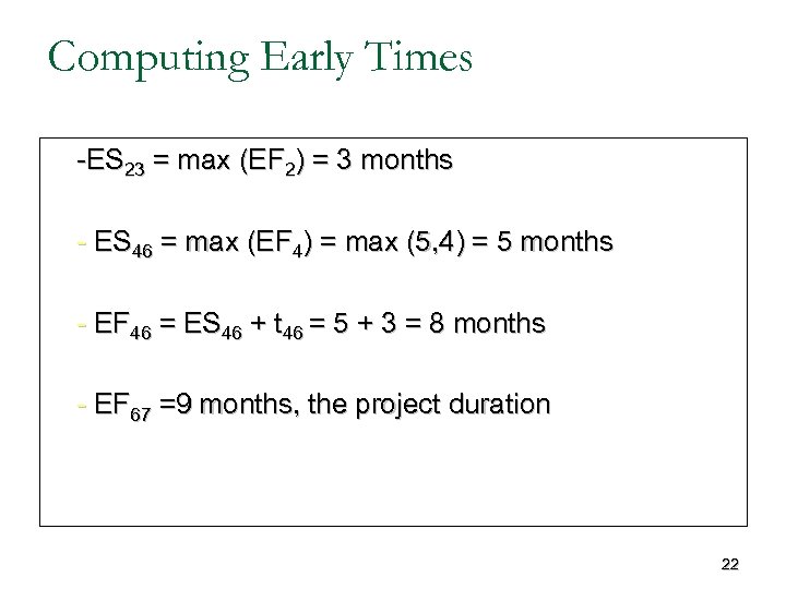 Computing Early Times -ES 23 = max (EF 2) = 3 months - ES