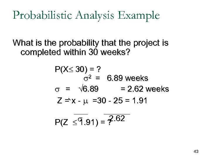 Probabilistic Analysis Example What is the probability that the project is completed within 30