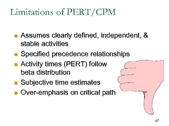 Limitations of PERT/CPM n n n Assumes clearly defined, independent, & stable activities Specified