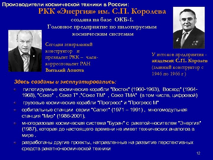 Производители космической техники в России: РКК «Энергия» им. С. П. Королева создана на базе