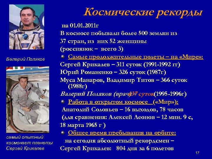 Космические рекорды Валерий Поляков самый опытный космонавт планеты Сергей Крикалев на 01. 2011 г