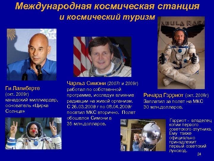 Международная космическая станция и космический туризм Ги Лалиберте (окт. 2009 г) канадский миллиардер, основатель