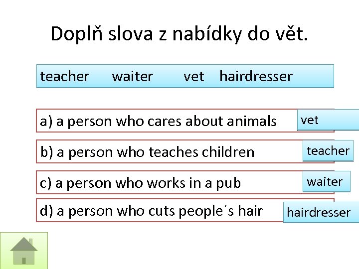 Doplň slova z nabídky do vět. teacher waiter vet hairdresser a) a person who
