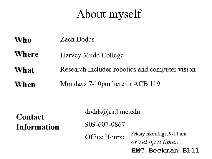 About myself Who Zach Dodds Where Harvey Mudd College What Research includes robotics and