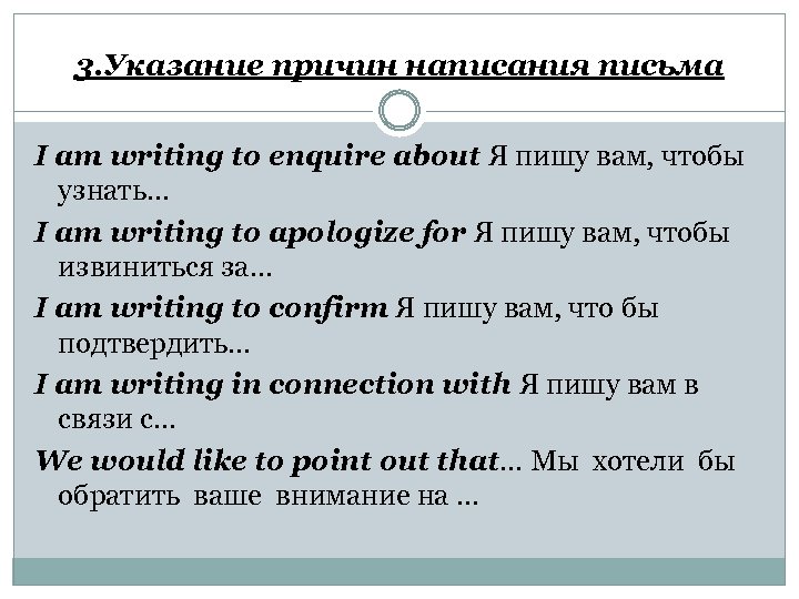3. Указание причин написания письма I am writing to enquire about Я пишу вам,