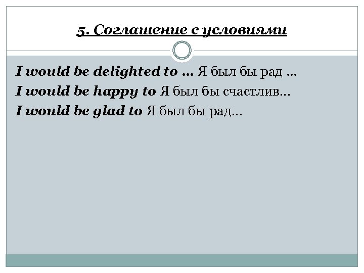 5. Соглашение с условиями I would be delighted to … Я был бы рад.