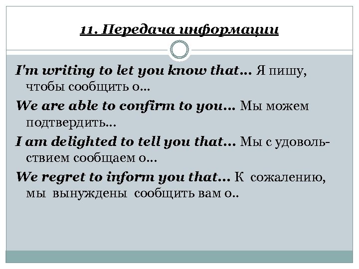 11. Передача информации I'm writing to let you know that. . . Я пишу,