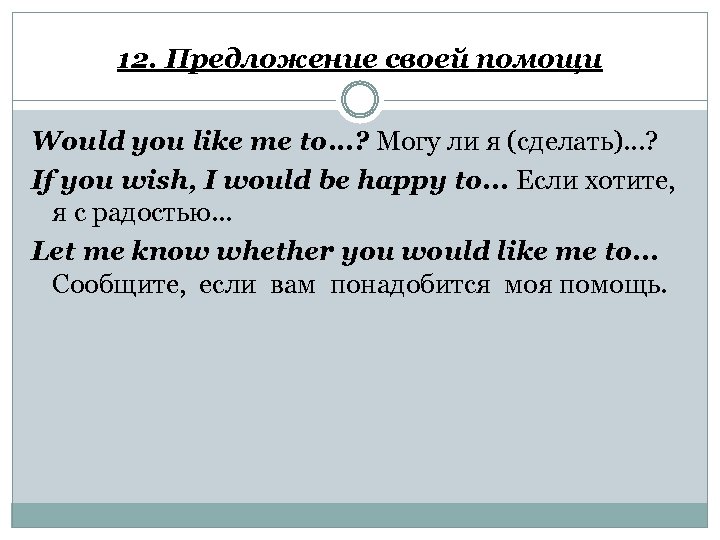 12. Предложение своей помощи Would you like me to. . . ? Могу ли