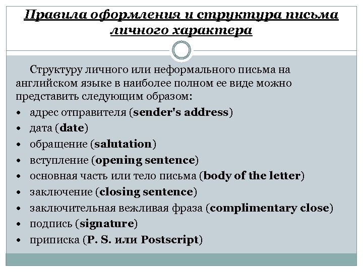 Правила оформления и структура письма личного характера Структуру личного или неформального письма на английском