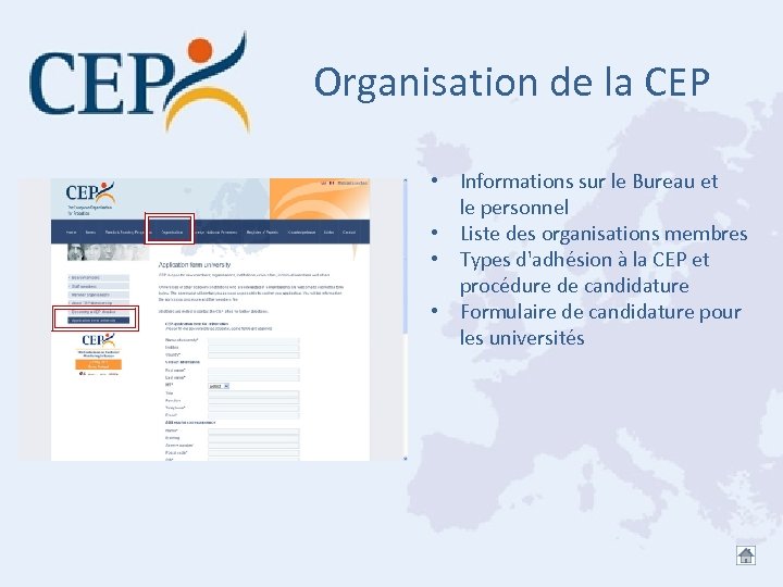 Organisation de la CEP • Informations sur le Bureau et le personnel • Liste